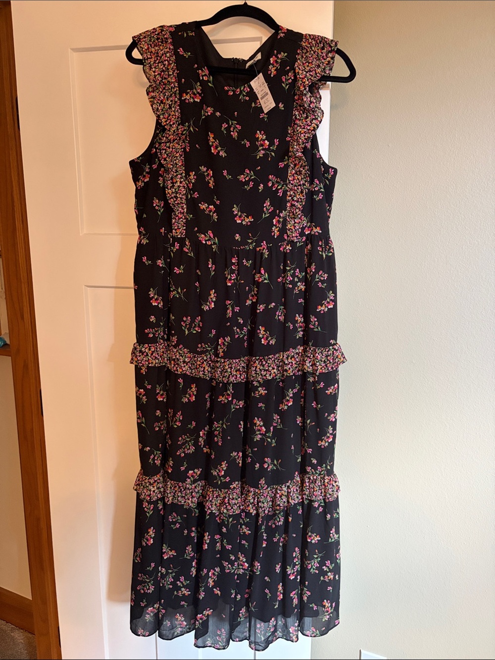 NWT J. Crew Black Maxi Dress with Pink Floral Ruffles size 14